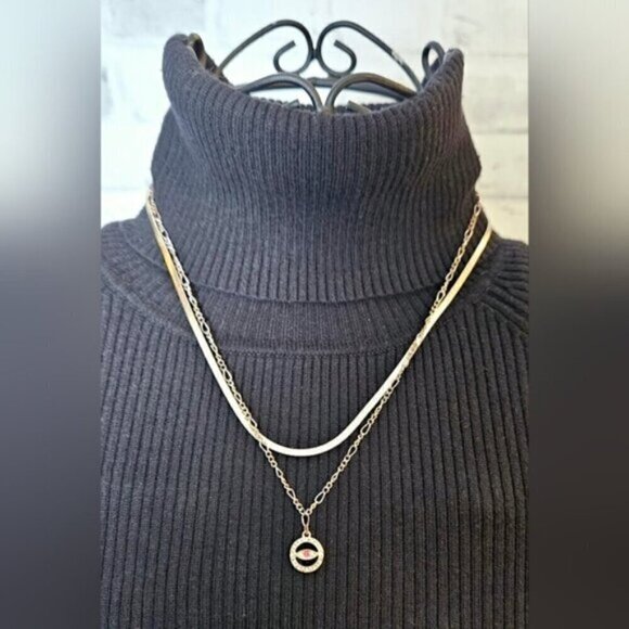 Gold Tone Double Strand Necklace w/ Red Evil Eye Pendant - Picture 3 of 7